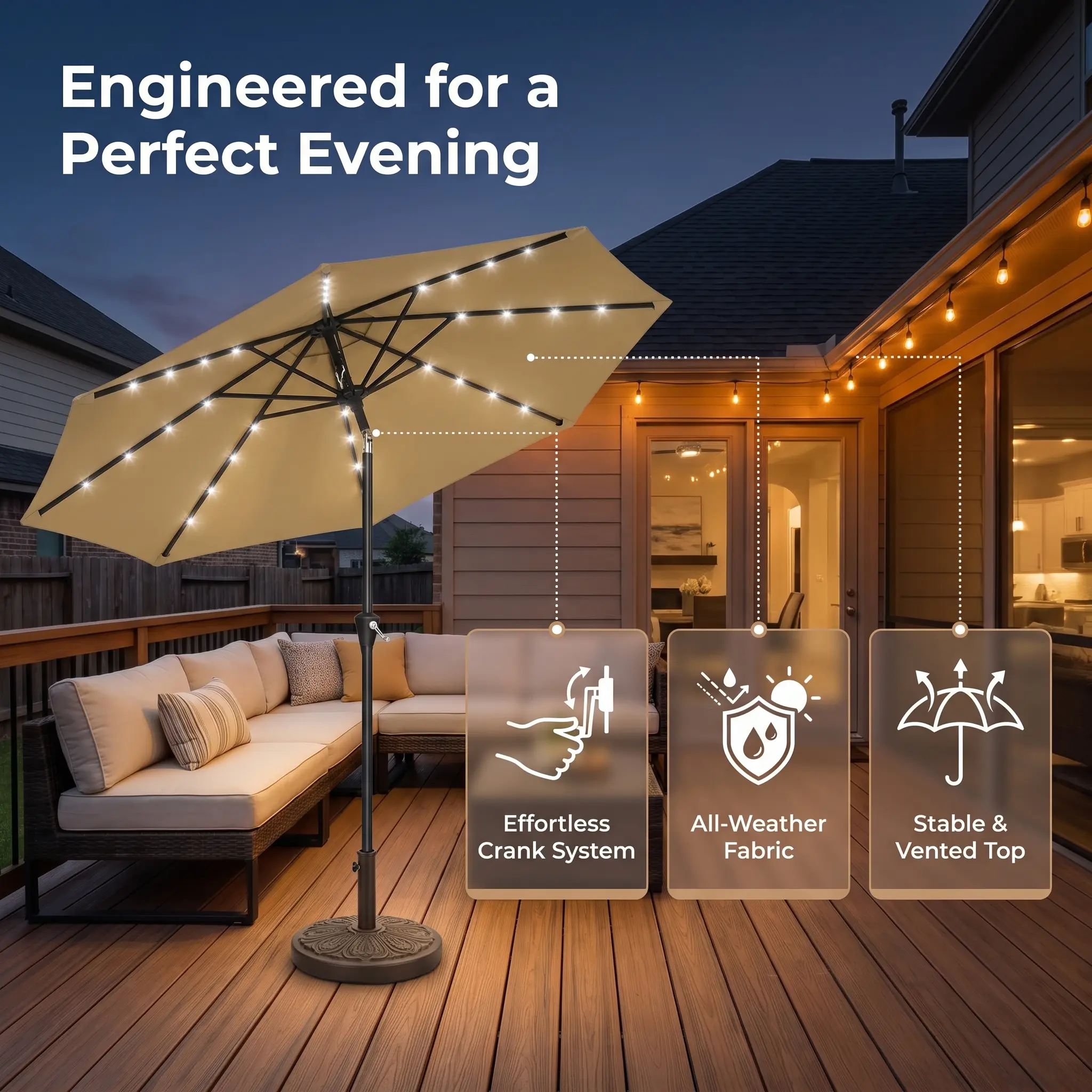 Garvee 10FT Solar LED Patio Umbrella with 32 LED Lights, Outdoor Market Table Umbrella, UPF 50+ UV Protection, Waterproof Vented Canopy, Push Button Tilt & Crank Lift, 8 Ribs