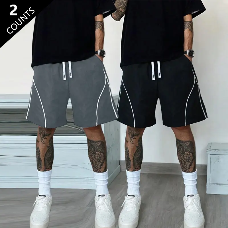 Men’s contrast-color line athletic shorts — high-street drawstring casual bermuda shorts (black/gray available); American vintage heavyweight striped sweat shorts; street-style loose fit; a wardrobe essential for trendy men; casual fashion; sports & fitne
