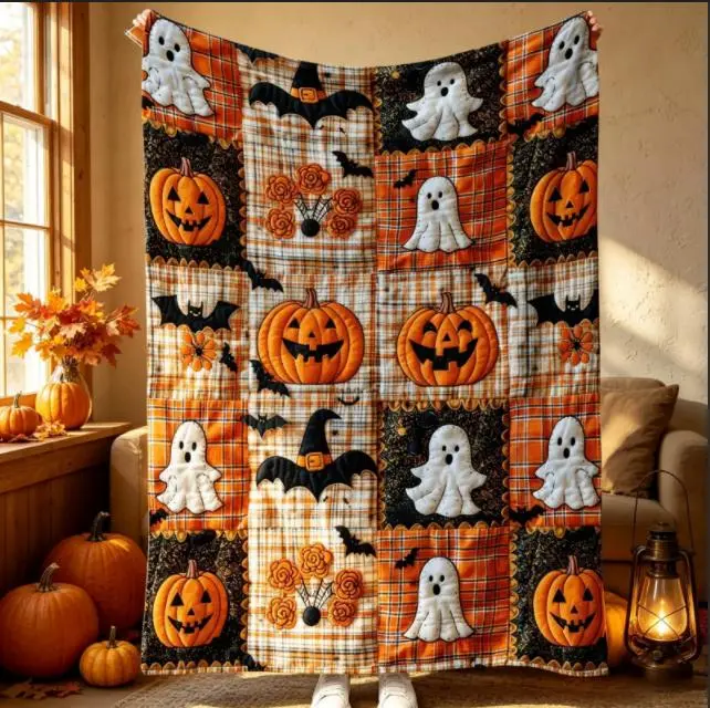 Countdown Sale Halloween Pumpkin Ghost Bat Plaid Patchwork Flannel Blanket Kids And Adults AC Blanket Soft Warm Cozy Throw Blanket Lightweight Sofa Bed Couch Bedroom Living Room Fall Autumn Home Decor Gift Viral Halloween Blanket