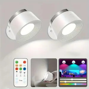 1/2 PACK LED Wall-Mounted Lamp, Rechargeable RGB Wall Light, 3 Color Temperatures and Multi-Color Lighting, Remote and Touch Control, 360° Rotatable Dimmable Cordless Wall Lamp, Ideal for Study, Bedroom Reading, and Bedside Use, Adjustable RGB Lighting