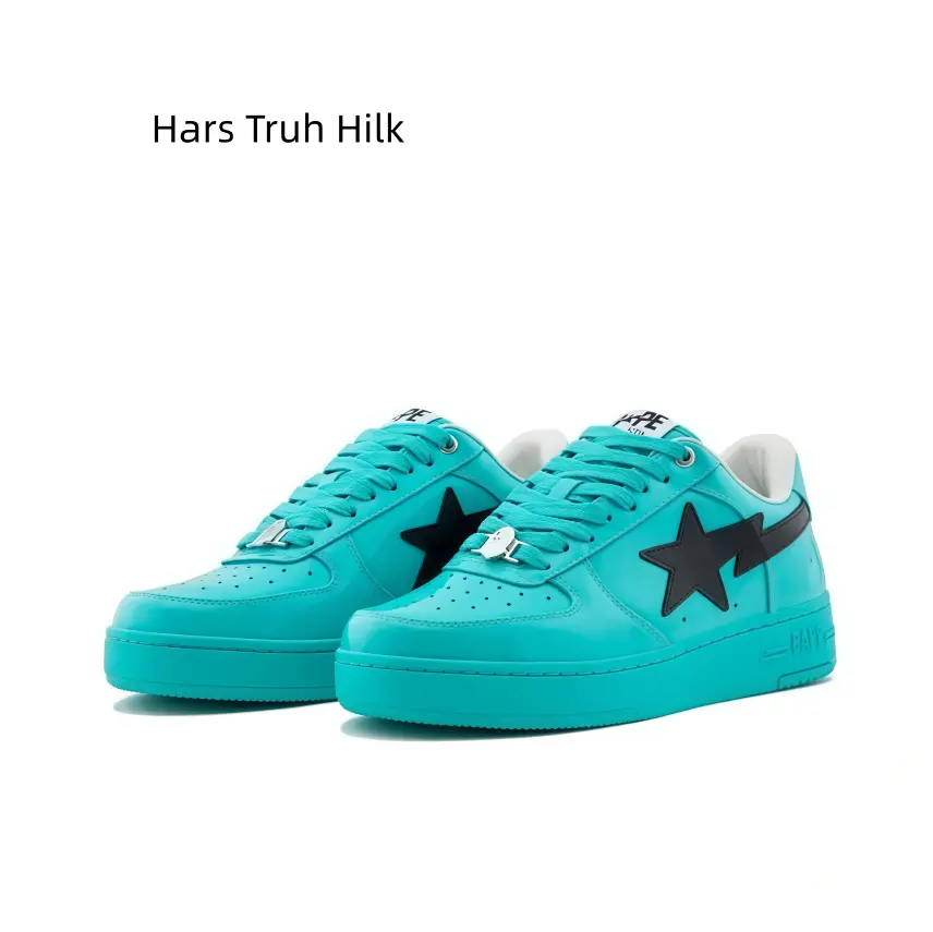 Pure Tiffany Blue Full Tone Leather Street Sneakers, Simple Black Star Logo Ornament, One-Piece Cyan Outsole Structure, Fresh Minimal Low Top Casual Footwear For All Seasons