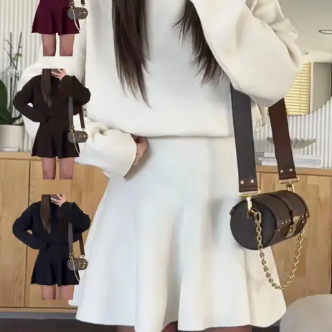 Elegant Knitted Soft Sweater Dress, Knit Sweater Dresses, Womenswear, Half High Neck Long Sleeve, Pure Color, Solid, Loose Fit, Casual Fashion, Chic, Minimalist, Small Batch Design, Slimming Set, Everyday, Basic