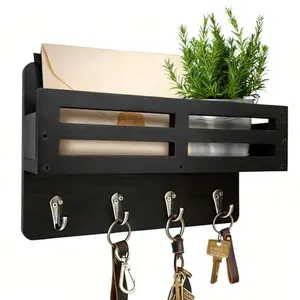 Key Holder Wall Mount, 10 inch Decorative Key and Mail Holder for Wall, with Mail Organizer & 4 Key Hooks, Rustic Wooden Key Rack for Hanging Dog Leash Sunglasses, Entryway Key Hanger, Black