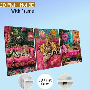 The product is a flat/2D feature, 3-piece framed decorative painting with wooden frame, not 3D, fashionable retro leopard print eclectism minimalism canvas wall art print, cheetah leopard print room decoration, vintage fashionable sleeping leopard picture