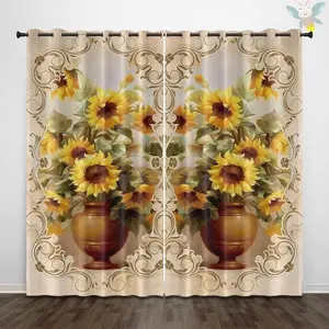 Sunflower Pattern Door Curtain, 3 Counts/set Vintage Floral Plant Leaf Pattern Door Curtain, Home Decor for Living Room Bedroom