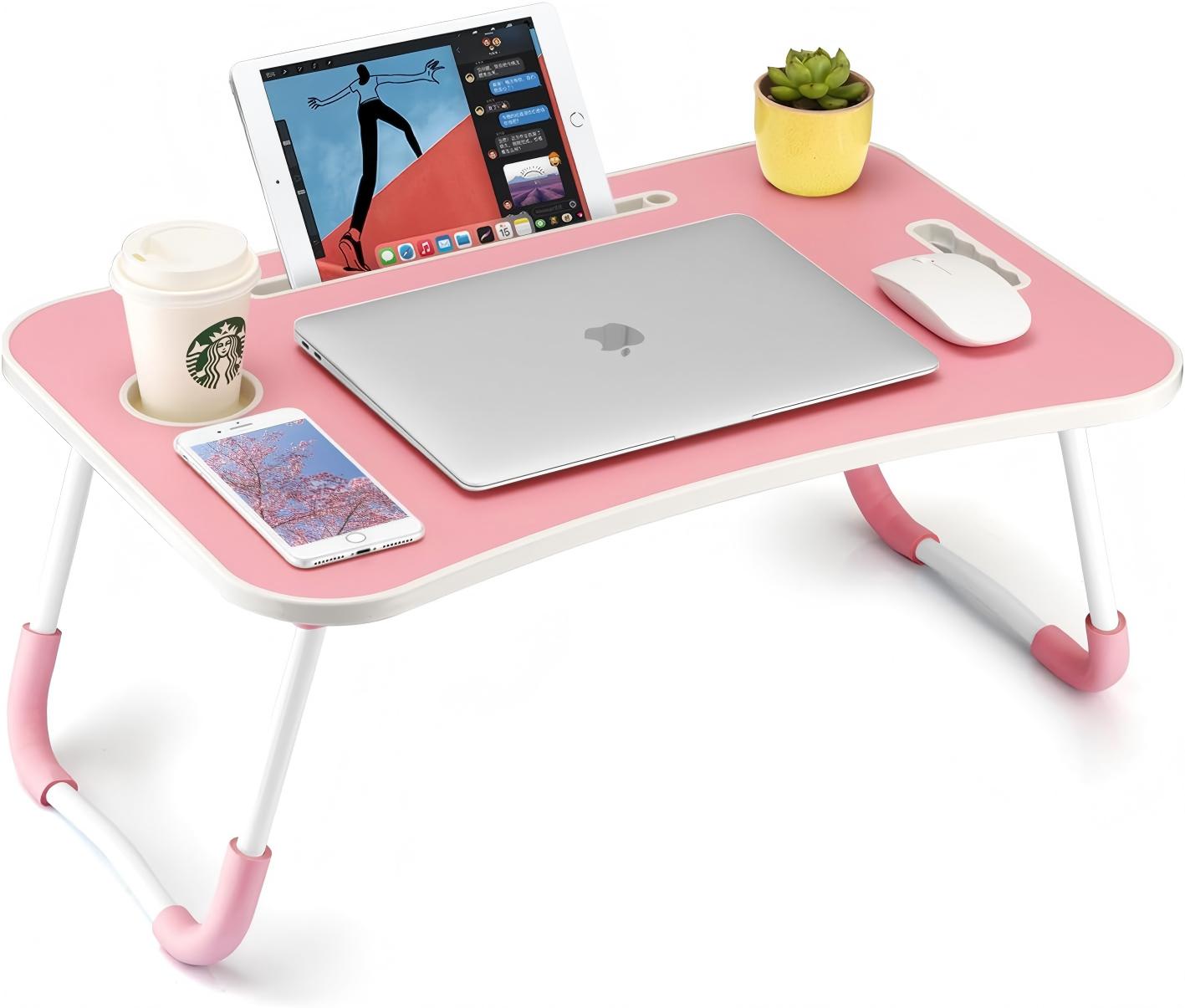 Foldable Laptop Table, Portable Lap Desk Bed Table Tray, Laptop Stand with Cup Holder & Tablet Slot & Lifting Handle for Working Writing Drawing & Eating