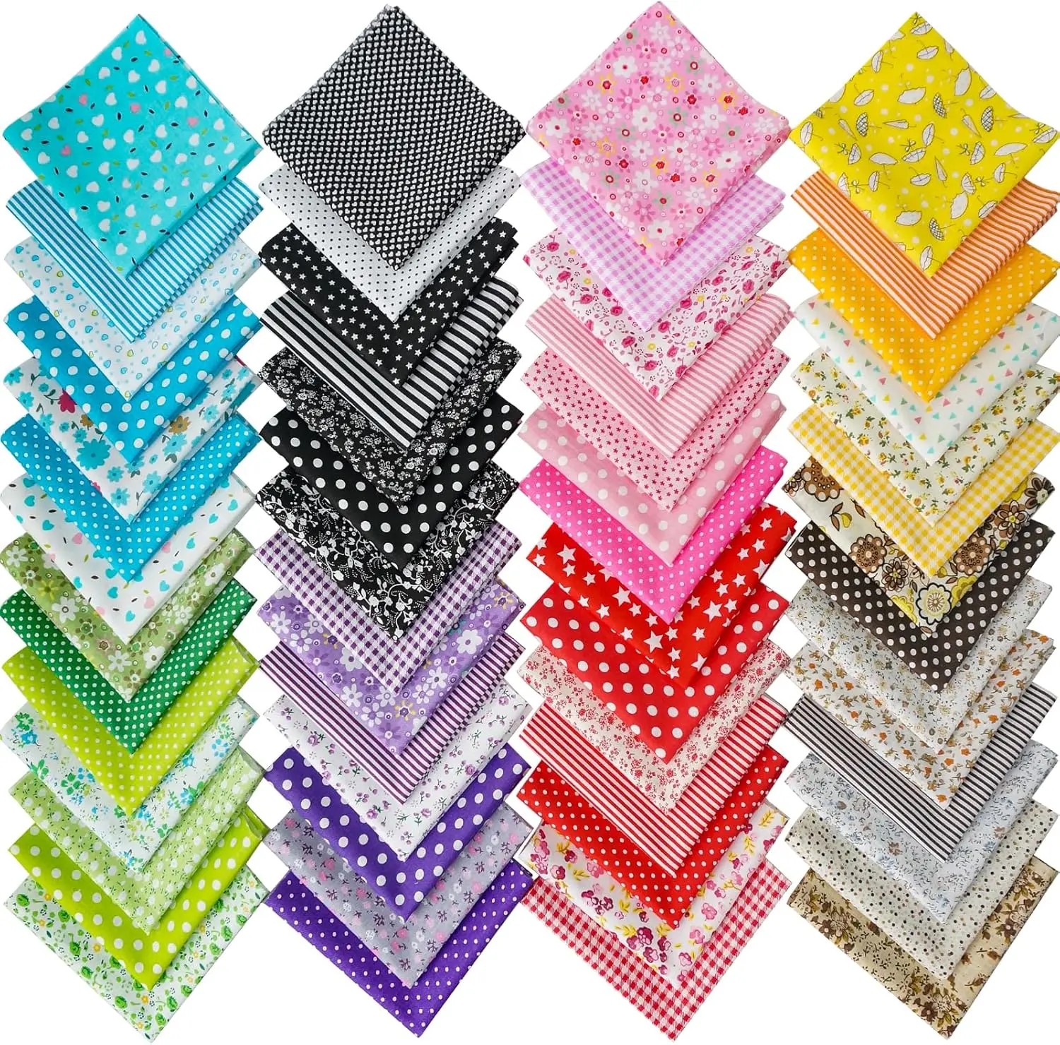 56pcs 100% Cotton Quilting Craft Fabric Bundle - 10in x 10in Hand-Trimmed Squares, 56 Patterns, Fine Texture, Multicolored Patchwork Set for DIY Sewing Scrapbooking, Scissors-Compatible for Cutting into Shapes, Bulletin Board Decor