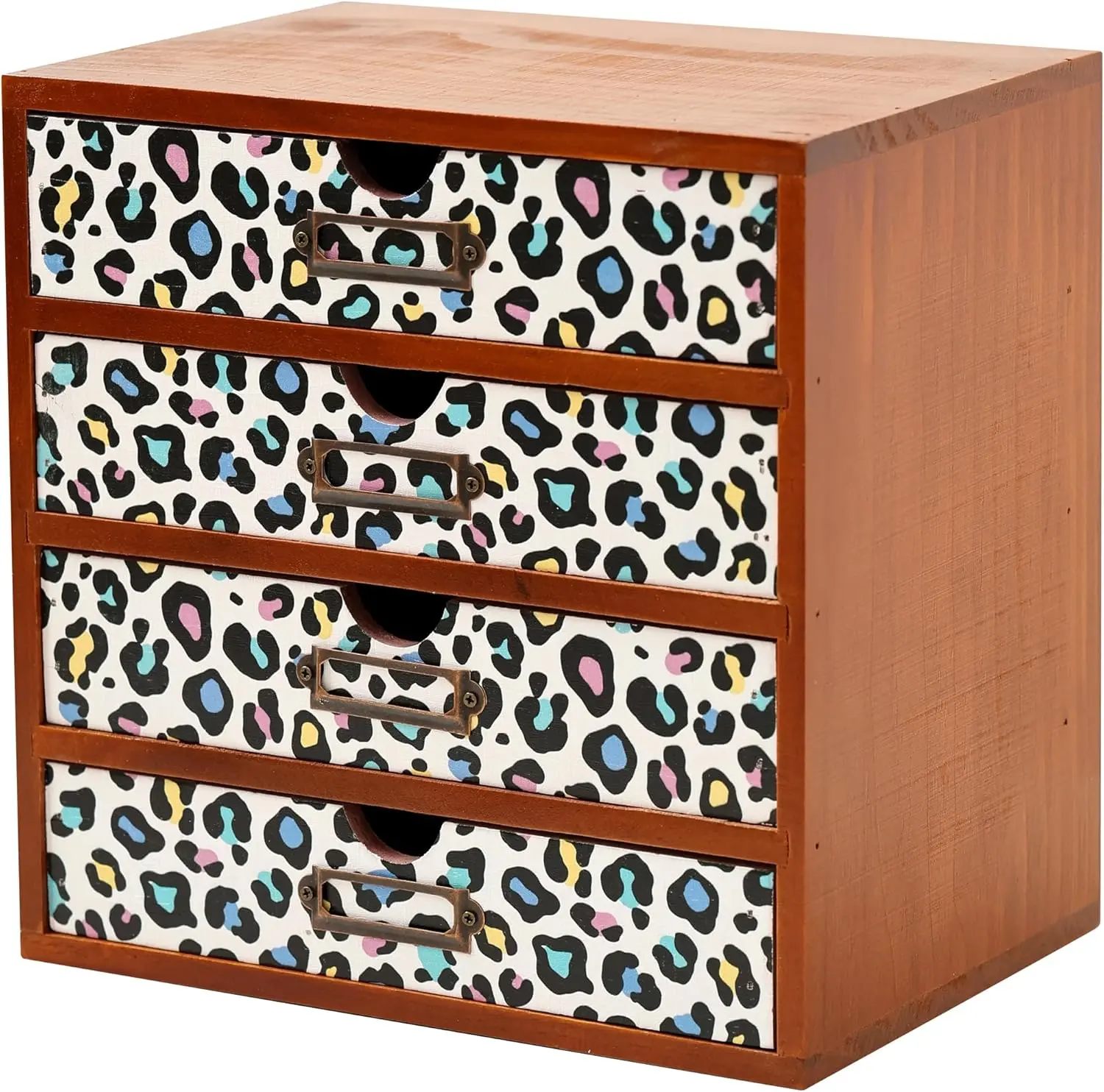 Colorful Leopard Print Wooden Desk Organizer – 4-Drawer Storage Cabinet for Office, Craft Tools & Home Organization