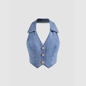 Cider [size 0-10] Denim V-neck Solid Button Halter Crop Top