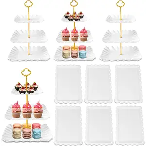 10 Pack Dessert Table Display Set - 4 x Three-Tier Square Cupcake Stands and 6 x Serving Trays, Elegant Tableware for Cakes, Cupcakes, Pastries, and Snacks, Perfect for Parties (White)