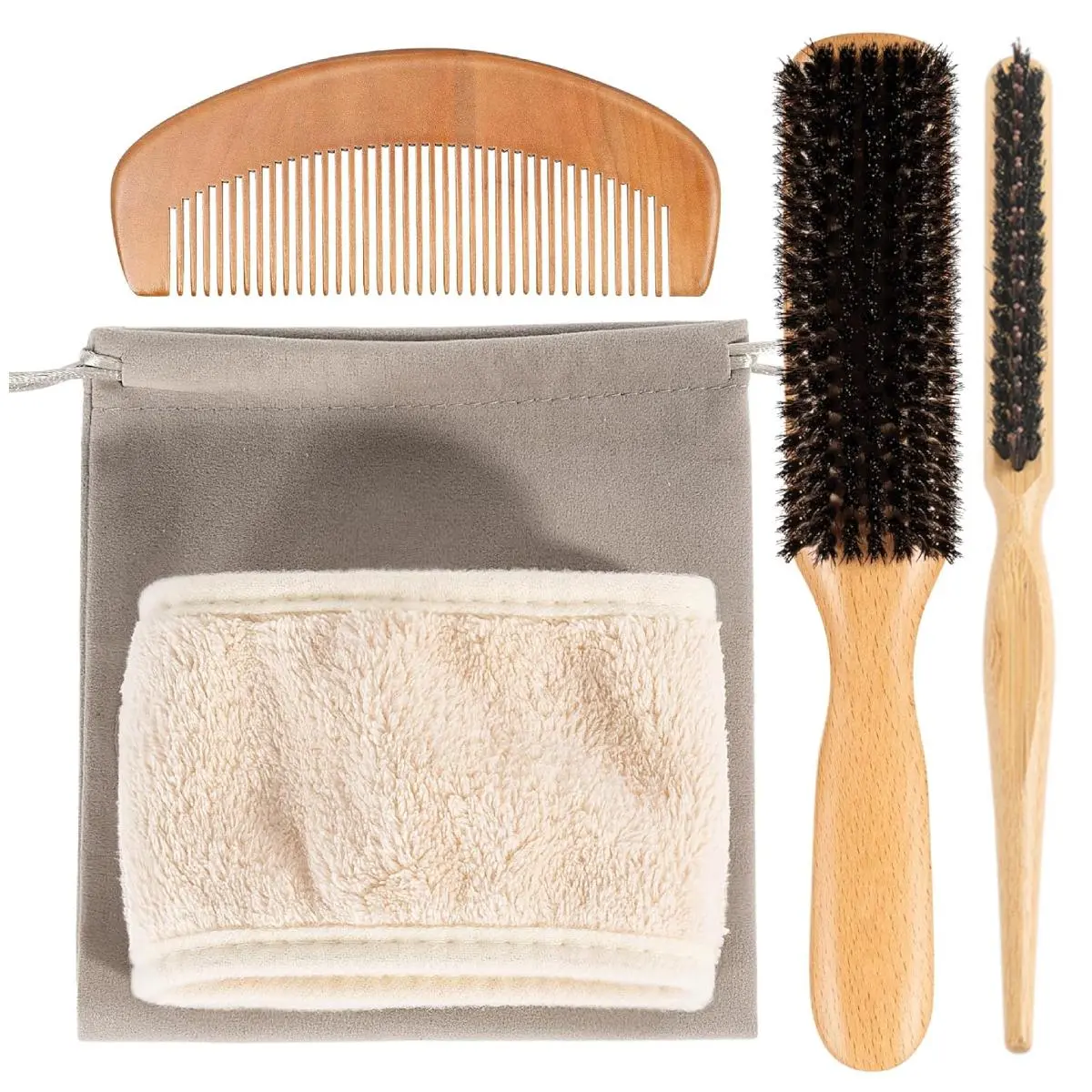 5-Piece Boar Bristle Hair Brush Set Pack for Women - Soft Texture Natural Bristles, Frizz Control, Daily Grooming Tool Kit, Includes Travel Bag & Spa Headband, Ideal for Thin & Fine Hair