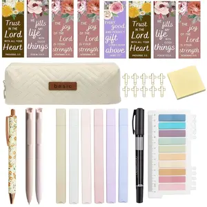All-in-One Bible Study Notebook Set (including tabbed annotated Bible, 6 highlighter pens, and 1 pen case & more) - Bookmark system design, durable plastic material, gift for Christian women, Bible study group accessory, suitable for women and students