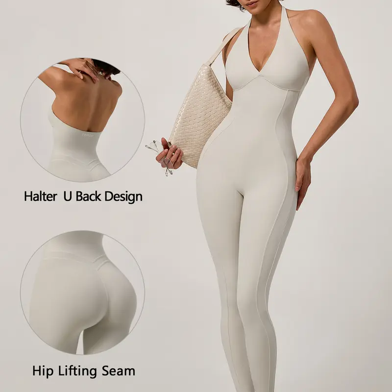 TIMEOFF Women's Halter U-Back Long Gym Jumpsuit - Contour Hip-Lifting Seam, 4-Way Stretch Naked Soft Fabric, No-Chafing Body-Sculpt Fit, Gym Workout Apparel for Yoga, Pilates Training