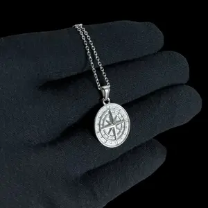 FRGD Men's Layered Necklace Navigation Travel Compass Pendant Necklace with Chain 18k Gold