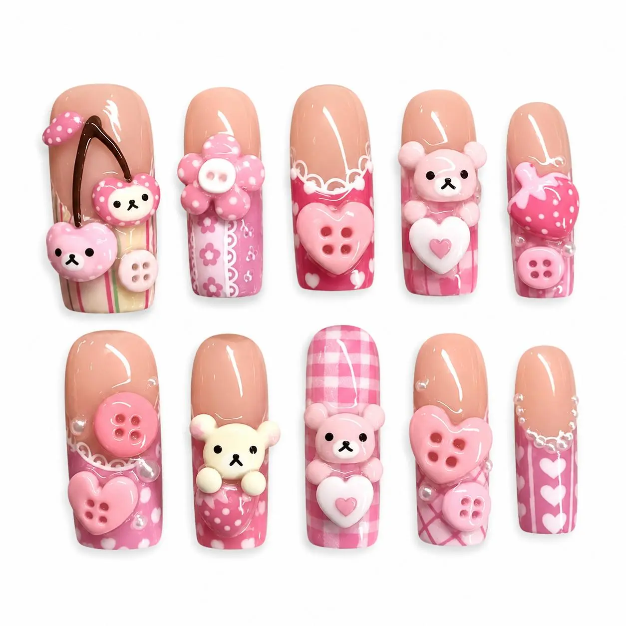 Kawaii Bear Press On Nails, Cute Pink Heart and Button 3D Nail Art, Sweet Girly Handmade Fake Nail Set