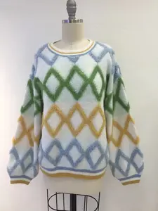 Women's Diamond Pattern Cardigan Round Neck Pullover Long Sleeve Top Casual Style Knitwear Retail/Wholesale