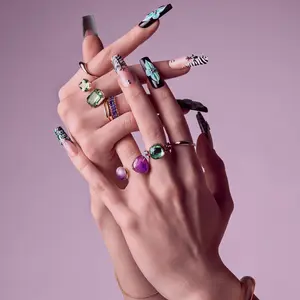 Gold Finger Glitzy 3D Handmade Press-On Nails - Teal Flower & Zebra French X-Long Square