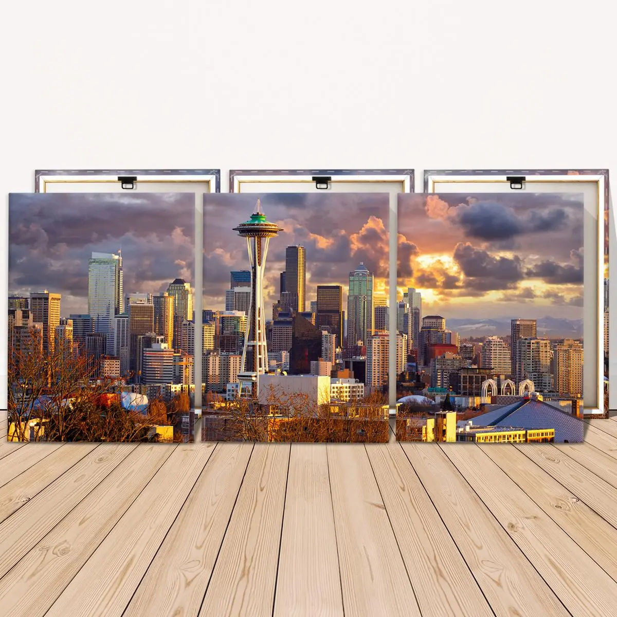 City Scenery Pattern Canvas Painting with Frame, Canvas Prints, Artwork, 3 Counts Modern Art Wall Decor, Wood Wall Art, Wall Art for Home Living Room Bedroom Office