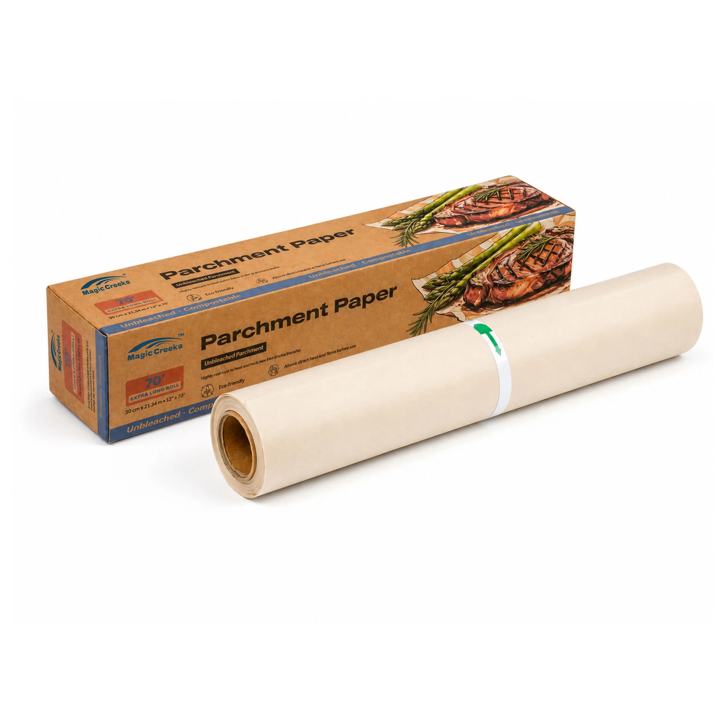 MagicCreeks Unbleached Parchment Paper Roll for Baking, Non Stick Baking Paper, Chlorine Free, Oven Safe up to 425°F, Home Compostable Food Grade Parchment Paper for Cookies, Bread, Roasting, Air Fryer & Cooking, 70 Sq Ft
