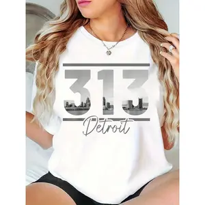 Women’s White T-Shirt Featuring 313 Detroit Skyline Graphic, Casual Detroit Pride Tee for City Enthusiasts, Perfect for Daily Wear, Gatherings, & Detroit-themed Events 100% Cotton T-shirt
