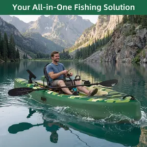 Inflatable Kayak with Pedal System, 12ft Premium PVC Fishing Kayak, with Aluminum Seat, Rudder System, Motor Mounting Board, And Accessories Included, Green & Camouflage