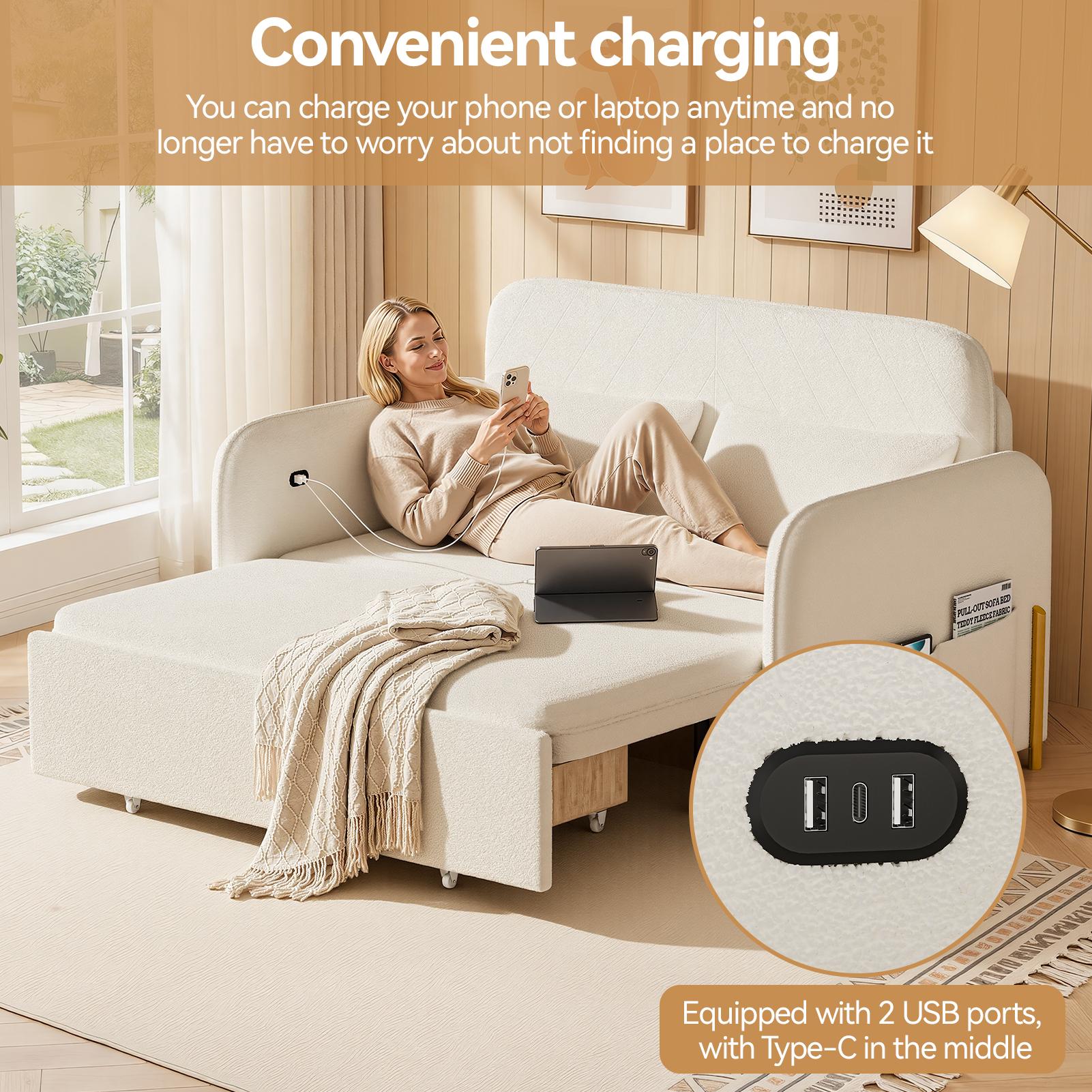 Explorinox 3-in-1 Convertible Sofa Bed Boucle Loveseat Sleeper with Storage Drawer Side Pockets USB Ports Gold Metal Legs for Living Room