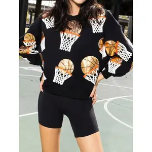 Womens Black Sequin Basketball Sweatshirt Oversized Crewneck Glitter Hoop Graphic Pullover Spring Game Day Shirt Easter Outfit Sporty Casual Top Mothers Day Gift
