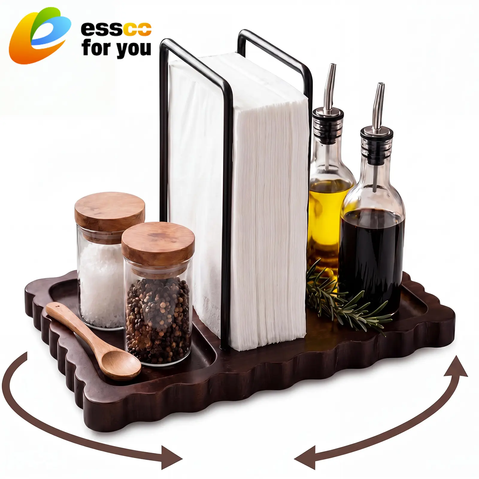 E ESSCO FOR YOU Scalloped Edge Napkin Holder for Table 360° Rotating Metal Napkin Dispenser with Wooden Base Standing Paper Towel Holder Seasoning Caddy for Kitchen Dining Coffee Bar Table Decoration