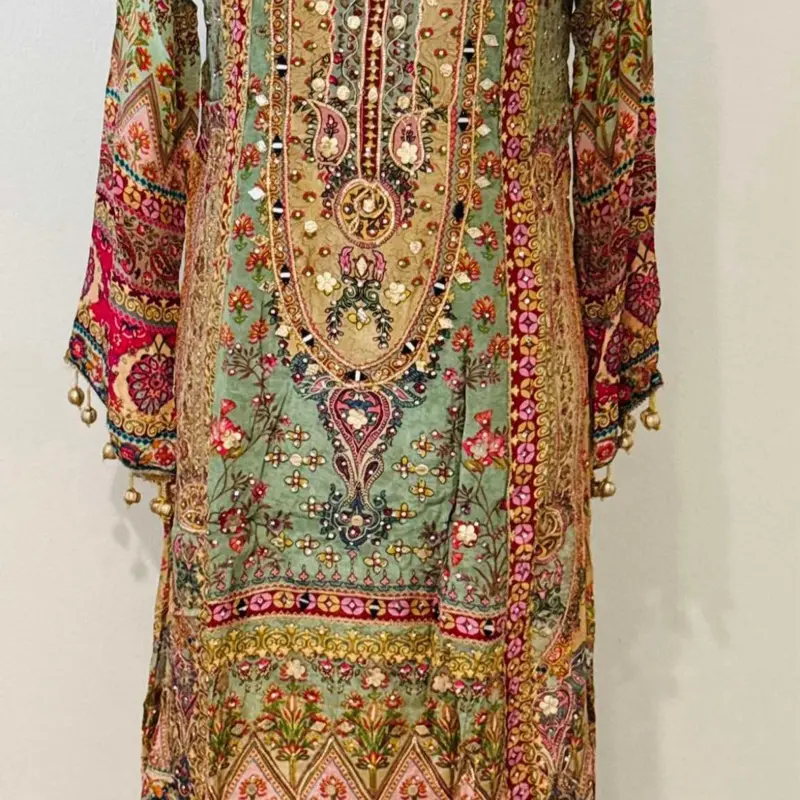 Light Green All Over Stone and Heavy Sleeves Apparel with Colorful Embellishments