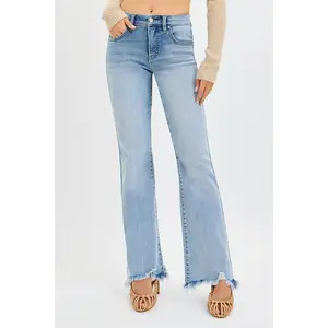 RISEN Tummy Control Mid Rise Flare Jeans with Fray Hem Detailed regular size