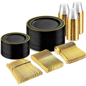 300 count Black and  Disposable Dinnerware Set - 50 Guests Black Plastic Plates with  Rim Include 50 Dinner / 50 Dessert Plates, 50 Forks,50 ,50 Spoons&50 Cups for Party&Graduation
