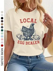 Women's Chicken Print Round Neck Tee, Casual Short Sleeve T-Shirt for Daily Wear, Soft Lightweight All-Season Ladies Top, Cute Relaxed Fit Also Perfect for Loungewear & Sleepwear