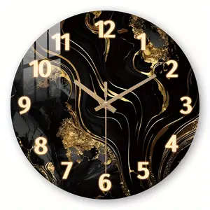 1pc, Wall Clock, Fantasy Theme - Black and Golden Marbled Wave Design Wall Clock, Tempered Film Veneer Round Silent Clock, Suitable for Living Room, Bedroom, Kitchen, Office Decoration, Home Decoration, Nice Gift for Friends, Battery Powered (exclu