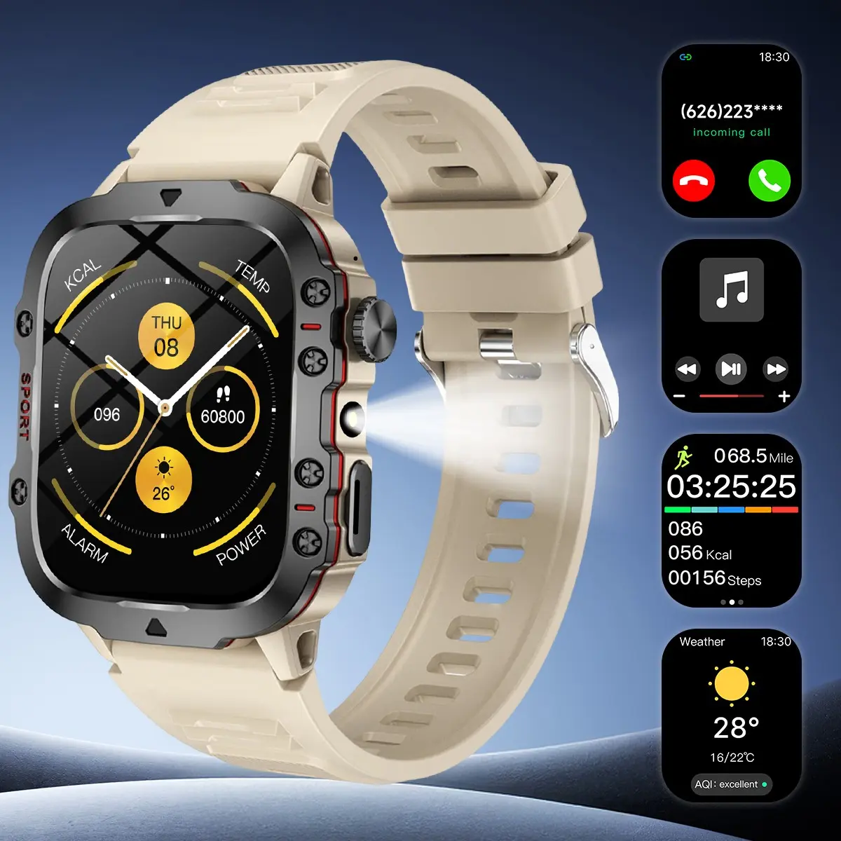 SIMSONLAB 1.83-Inch Smartwatch, Sports Tracking Fitness Tracker Smartwatch for Men and Women - with Flashlight, Multiple Sports Modes, Music Control, Customizable Watch Faces, Wireless Calling, Weather Alerts, Compatible with Android & iPhone