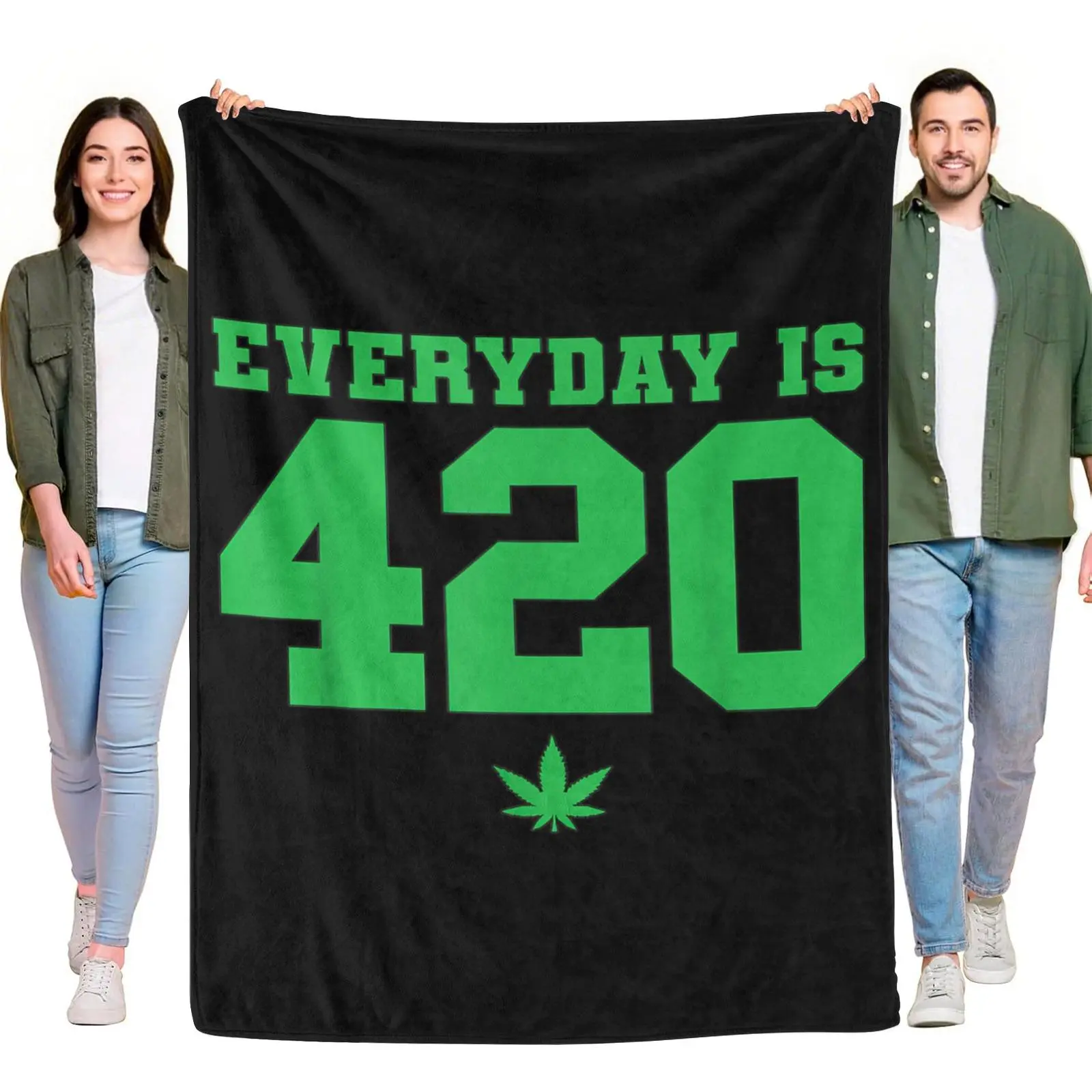 Green Leaf Everyday Is 420 Bold Block Text Simple Minimal Soft Flannel Throw Blanket, Casual Relax Plant Vibe Warm Decor Blanket