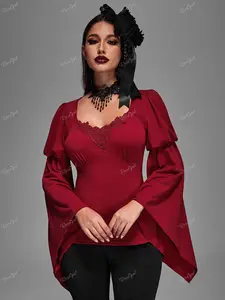 Rgothic Plus Size Gothic Ruched Heart Appliques Flare Sleeves Top with Ruffle Neckline for Women Regular Fit High Stretch Polyester