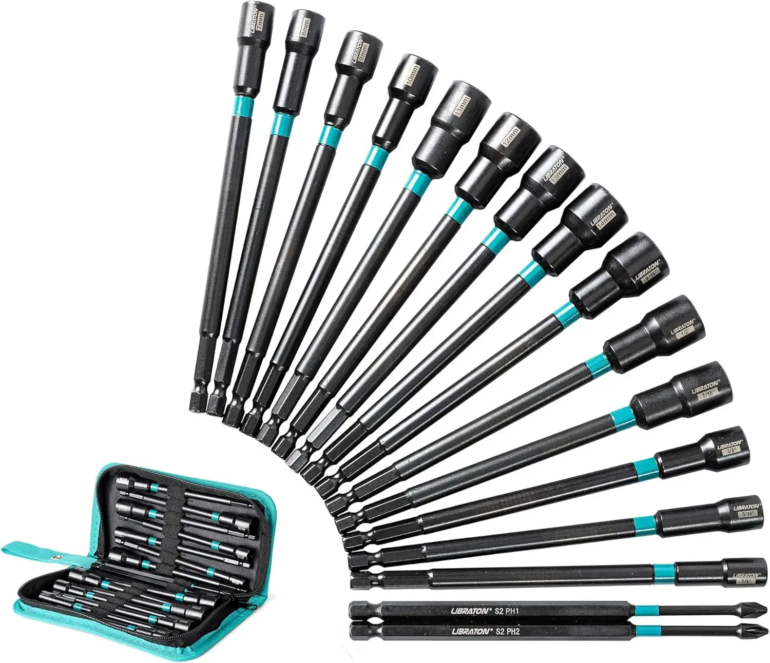Libraton 16PCS Magnetic Nut Driver Set, Long Nut Drivers 6INCH, Metric & SAE Nut Drivers for Impact Drill, Long Shank Nut Driver Bits, 1/4"Hex Shank,