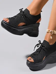 Women's Thick Sole Platform Sandals, Summer Flyknit Mesh Fish Mouth Wedge Heels, Large Size Comfortable Shoes for Women