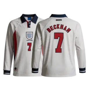 1998 Retro Home White No.7 Beckham Long Sleeved Short Sleeved Soccer Jersey Top Fan Version
