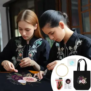 Canvas Bag Floral Embroidery Kit, with Pattern Hoop Color Threads and Tool for Beginners, Arts and DIY Crafts Kits for Adults Handmake Gift