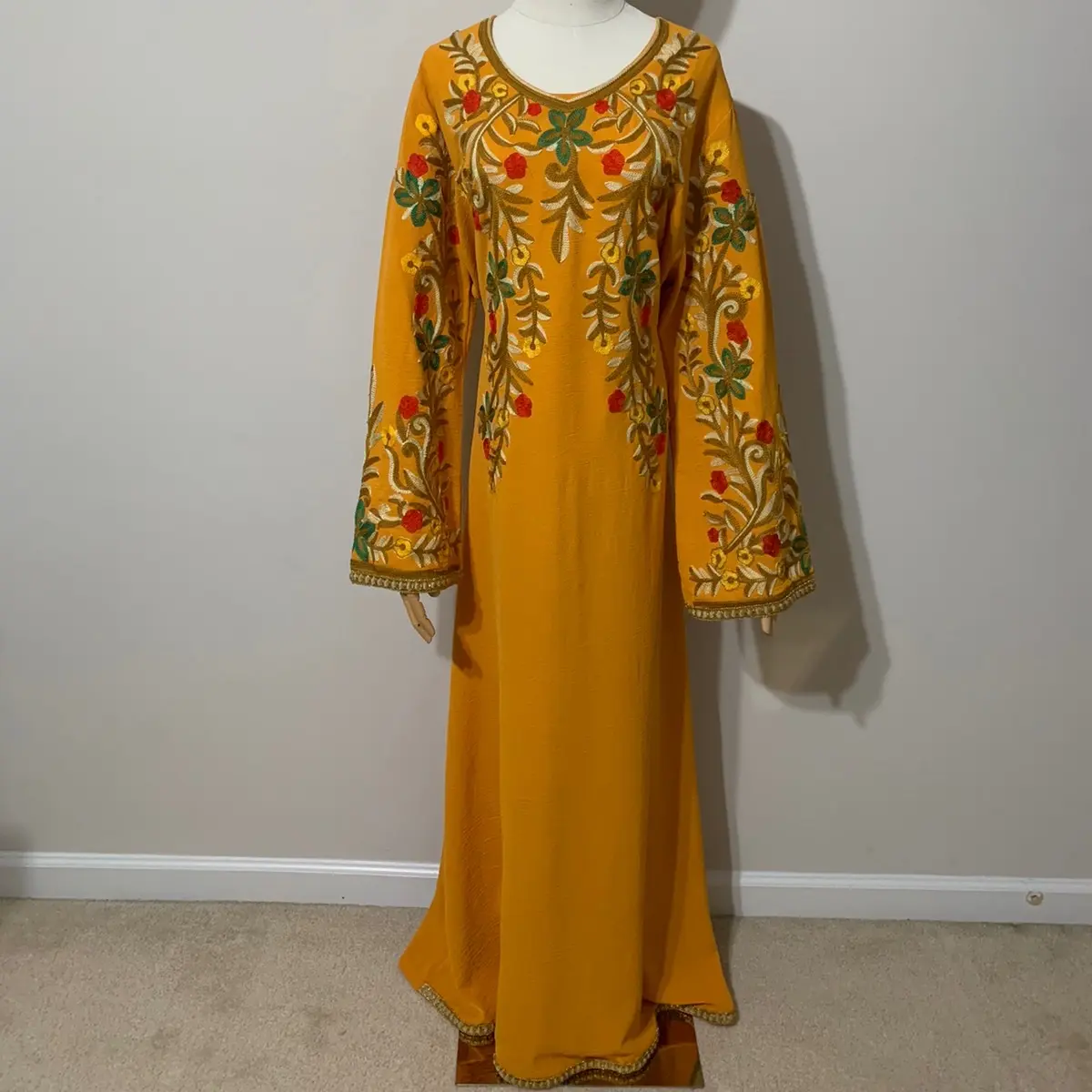 Mustard Yellow Embroidered Dress / Arab Traditional Abaya