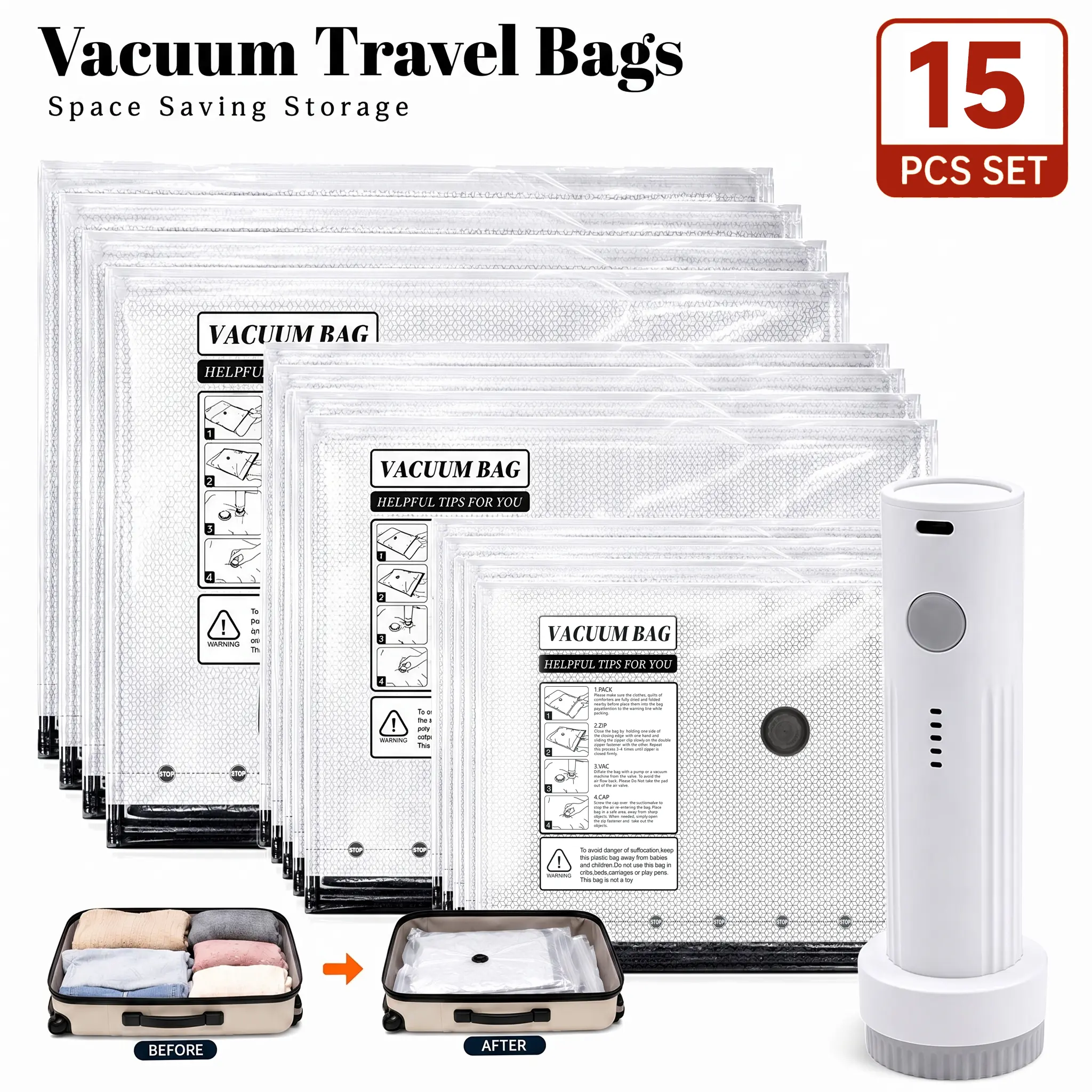 Travel Vacuum Bags with Pump 9/15 Pack Compression Space Saver Bags for Luggage & Suitcase Portable Electric/Hand Pump Airtight Storage for Clothes Bedding & Travel Essentials, SummerWins, DealsForYouDays