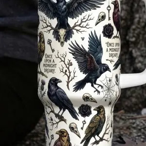 The Raven 40oz Tumbler with Handle, Gothic Edgar Allan Poe Travel Mug, Dark Academia Style Cup, Halloween Gift for Mom,Raven Tumbler