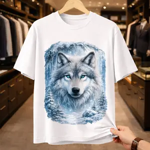 Majestic Blue Eyed Wolf Graphic T-Shirt - Aesthetic Winter Snow Forest Wolf Head Tee - Realistic Wildlife Nature Lover Gift - Cool Wintry Art Shirt