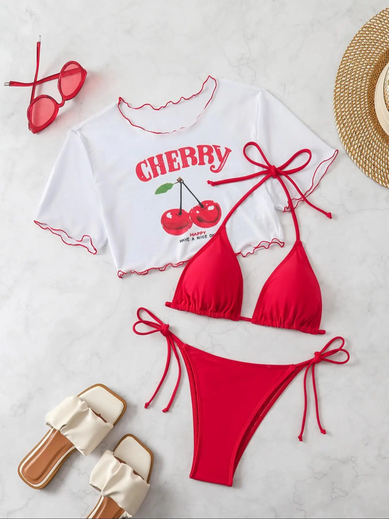 Three-Piece Set Women's Cherry Print Bikini Set, Casual Fashion Chic Swimsuit Set for Beach Holiday Vacation, Ladies Swimwear for All Seasons
