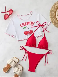 Three-Piece Set Women's Cherry Print Bikini Set, Bikini Swim Top, Casual Fashion Chic Swimsuit Set for Beach Holiday Vacation, Ladies Swimwear for All Seasons, Ruffle Bathing Suit, Ruffle Trim Swimsuit