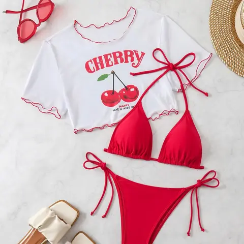 Three-Piece Set Women's Cherry Print Bikini Set, Casual Fashion Chic Swimsuit Set for Beach Holiday Vacation, Ladies Swimwear for All Seasons, Printed Bikini