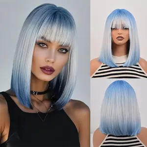 Blue Ombre Color Short Straight Bob Wig With Bangs 14 Inch Baby Full Machine Made Wig Synthetic Heat-Resistant Wig Daily Wear Women Wig Natural Hair