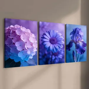 3-Count Wooden Frame Canvas with Gradient Blue Floral Design, Modern Home Decor Poster for Living Room and Bedroom, Waterproof Wall Art for Stylish Spaces