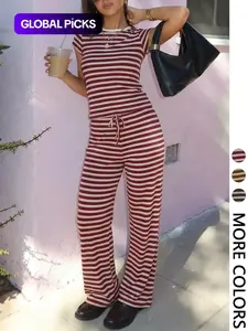Women's 2pcs Striped Short Sleeve Tee & Wide-Leg Pants Matching Set, Soft Stretchy Fabric, Regular Fit Round Neck Top & Adjustable Drawstring Waist High-Waisted Trousers, Womenswear